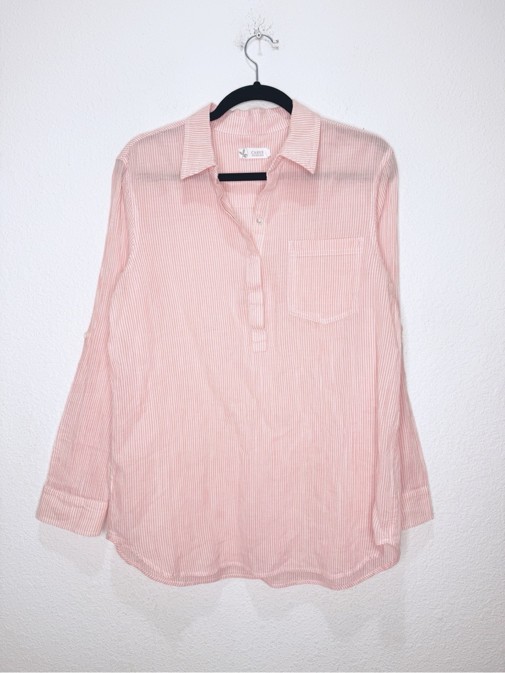 Carve Designs Cotton Striped Henley Top Roll Tab Sleeves